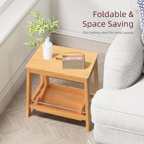 BEKVEM Large 17.3-inch Foldable Bamboo Step Stool with Wide Surface, Supports 350 lbs
