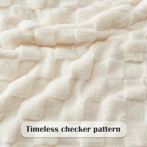 NEWCOSPLAY Ivory Checkered Flannel Throw Blanket 50x70 - Reversible Soft Cozy Bed Couch Decor