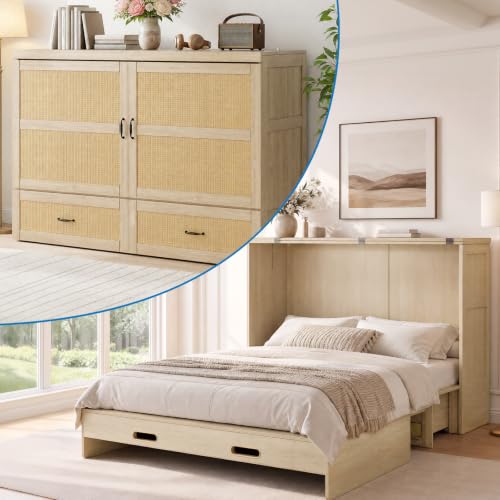 Queen Murphy Cabinet Bed with Tri-Folding Mattress and USB Charging Station