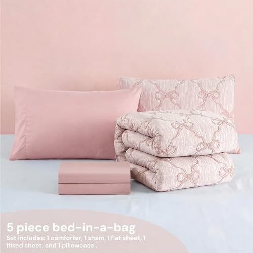 5-Piece Twin XL Comforter Set - Pink Bow Bedding for Girls