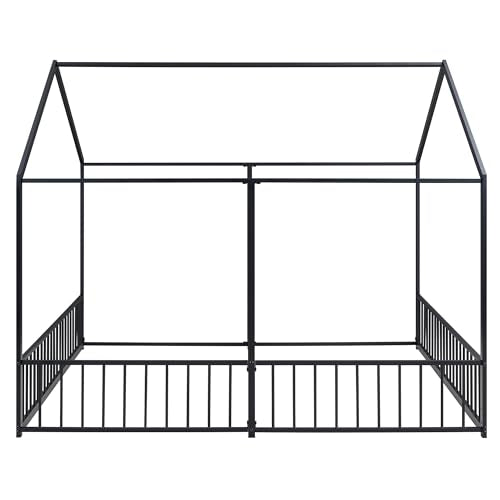Double Twin House Platform Bed, Metal Floor Bed Frame with Safety Rails