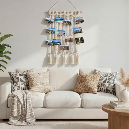 Macrame Hanging Photo Display with 30 Clips, Boho Wall Art Decor