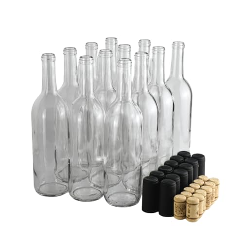 Clear Glass Wine Bottles 750ml 12-Pack with Corks and Shrink Sleeves