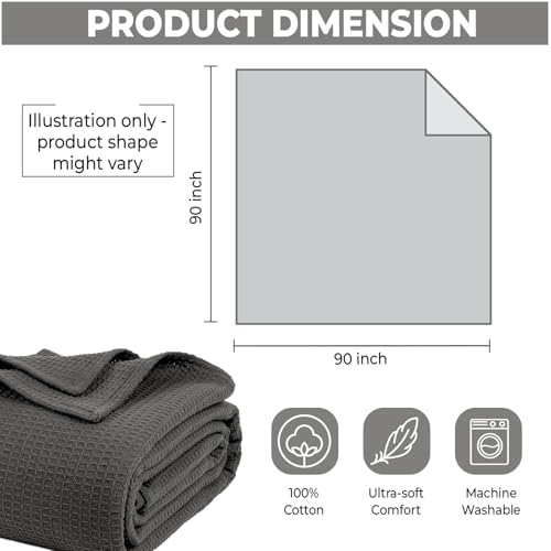 100% Cotton Waffle Weave Blanket - Lightweight Queen Bed Blanket, Dark Grey