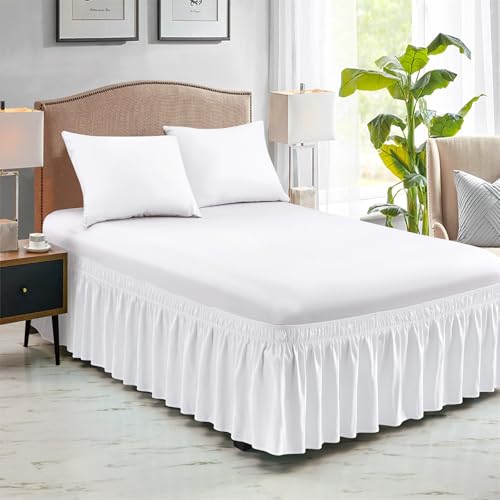 Queen Elastic Wrap-Around Bed Skirt - 15-Inch Drop Dust Ruffle (White)
