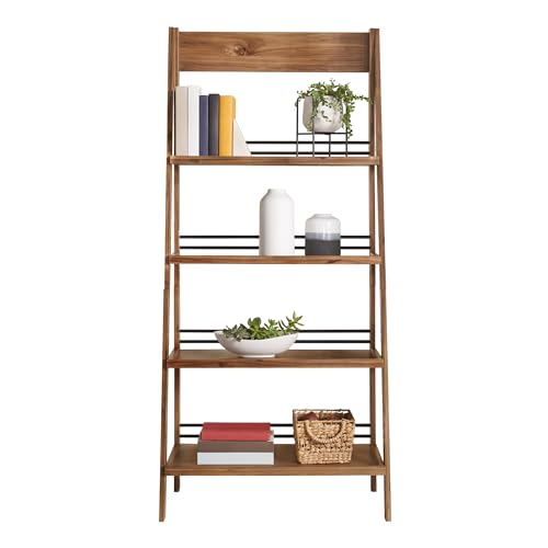 4-Tier Ladder Bookshelf, Rustic Wood Standing Bookcase with X-Back Frame