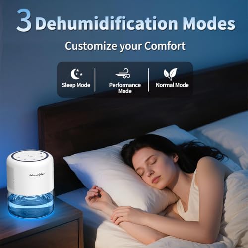 Small Portable Dehumidifier for Home, 44oz Tank with 3 Modes and 10 Lights