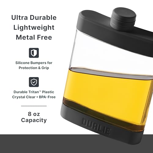 DUALIE 8 oz Black Shatterproof Plastic Hip Flask with Silicone Grip - Liquor Gift