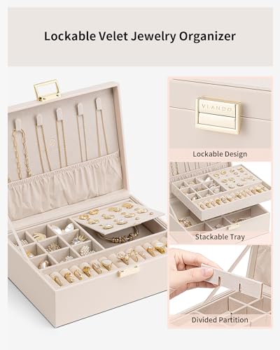 2-Layer Jewelry Box Organizer with Removable Tray, Apricot Pink
