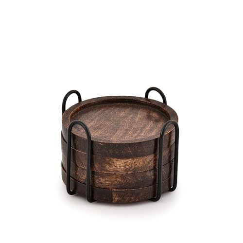 Mango Wood Drink Coasters Set with Iron Holder - 4 Pieces, Tabletop Protection