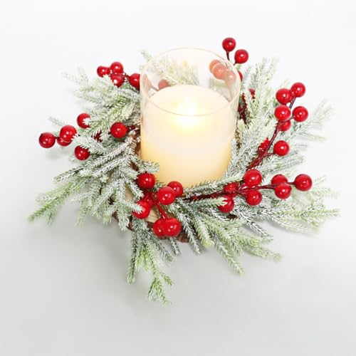 FBIRDY 2pcs Small Christmas Wreath Candle Rings with Red Berries - Candle Rings 03