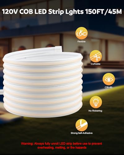 150ft Waterproof COB LED Strip Light, 3000K Warm White 120V Rope Light