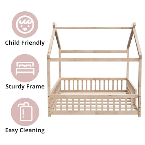 Full Size House Bed with Fence, Solid Wood Montessori Floor Bed Frame