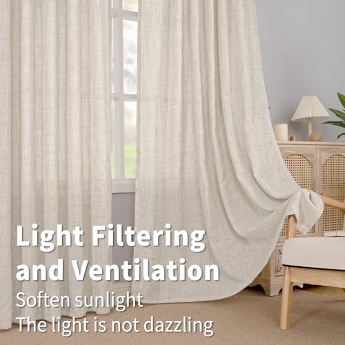 Semi-Sheer Linen Curtains Set of 2, 52 x 63 Inch, Light Filtering Drapes