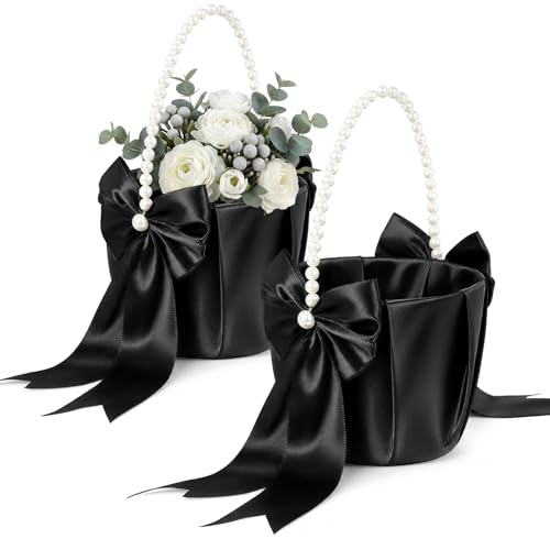 Set of 2 Black Flower Girl Baskets with Pearl Handles and Bowknot Decor