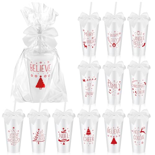 Potchen 12 Pcs Christmas Plastic Tumblers with Lids, Straws, Bow in White - 24 oz Travel Cups