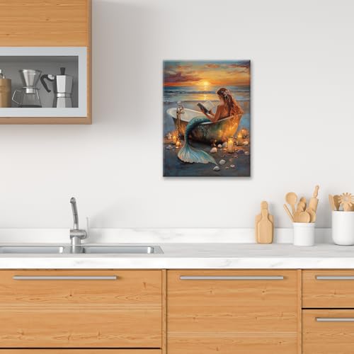 Mermaid Bathroom Wall Art, 16x12 Coastal Ocean Canvas Print, Framed Decor
