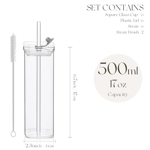 KEMORELA Clear Square Drinkware Set - 6 Pcs, 17 oz Modern Glass Tumblers with Lids & Straws