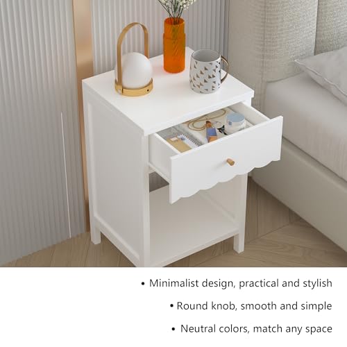 Modern Scalloped Nightstand with Drawer and Open Shelf, White Side Table