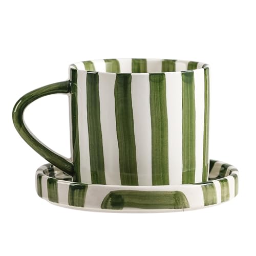 Green 8oz Ceramic Coffee Mug with Saucer – Hand-Painted Striped Espresso Cup