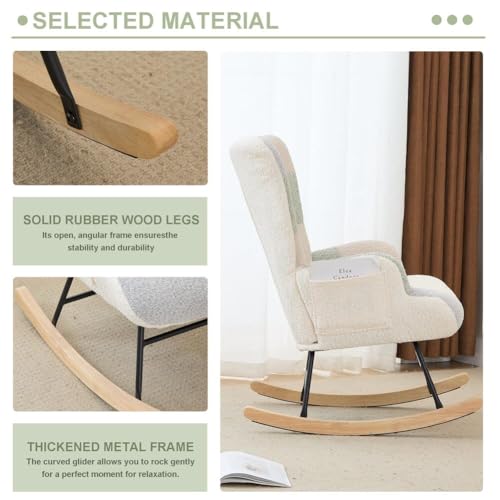 Teddy Upholstered Rocking Chair with Storage Pocket and High Backrest