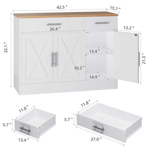 42-Inch Modern Farmhouse Buffet Sideboard Cabinet with Storage and Shelves