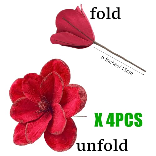 M2cbridge Red Velvet Magnolia Flowers Artificial Poinsettia Stems, 4PCS Christmas Decor