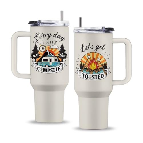 40oz Stainless Steel Camping Tumbler with Handle & Straw | Insulated Travel Mug