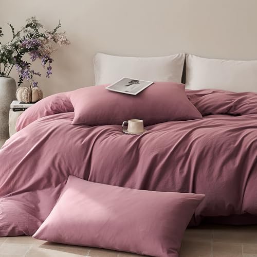 100% Washed Cotton Queen Duvet Cover Set - 3 Piece Linen-Like Bedding