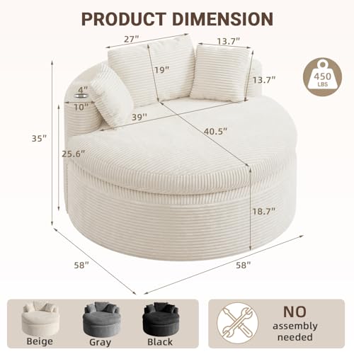 Oversized Round Corduroy Chaise Lounge Chair with 3 Pillows, Beige