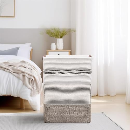 85L Cotton Rope Laundry Basket with Leather Handles - Foldable Storage Bin