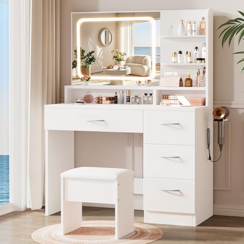 White Makeup Vanity Desk with LED Mirror & Charging Station - 4 Drawers, Stool