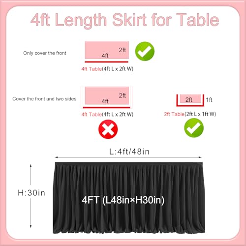 4ft Pleated Table Skirt for Rectangle Tables, Black Ruffle Party Decor