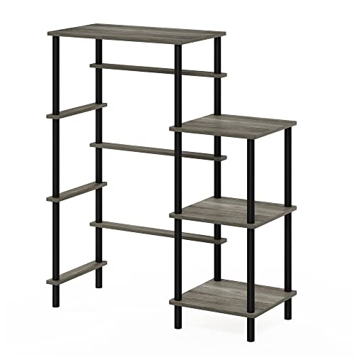 Furinno Turn-N-Tube Toolless 4-Tier Coffee Bar with Mini-Fridge Space - French Oak Grey/Black
