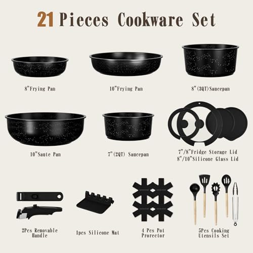 21-Piece Nonstick Cookware Set with Detachable Handle - Ceramic Pots & Pans