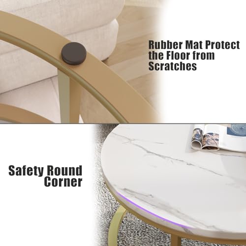 Modern Round Nesting Coffee Table Set of 2, Faux Marble Top with Gold Frame