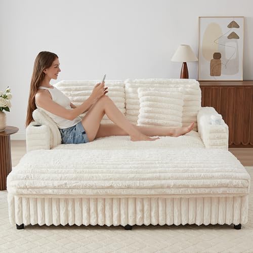 Oversized Faux Fur Chaise Lounge with Charging Station and Cup Holders