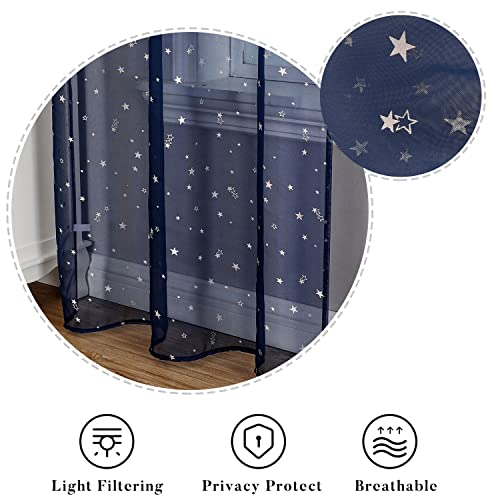 Navy Blue Star Sheer Curtains for Kids Nursery - 106-Inch Long Rod Pocket