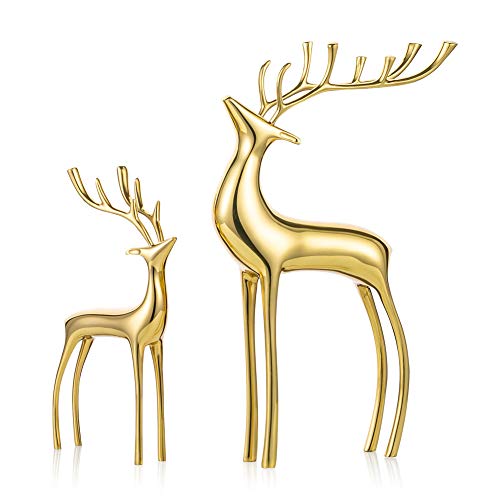 Sziqiqi Reindeer Figurine Statues Deluxe Set of 2 Brass Gold Small & Large