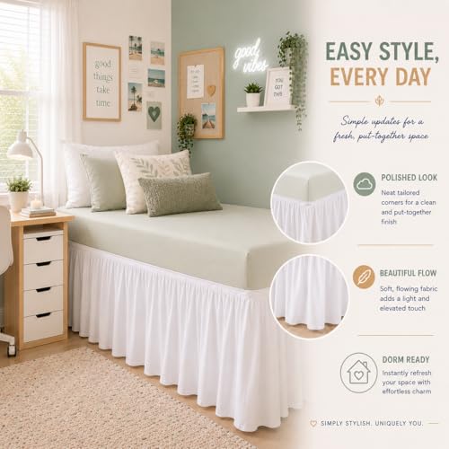 Twin XL Wrap Around Bed Skirt - 42 Inch Drop Elastic Dust Ruffle (White)