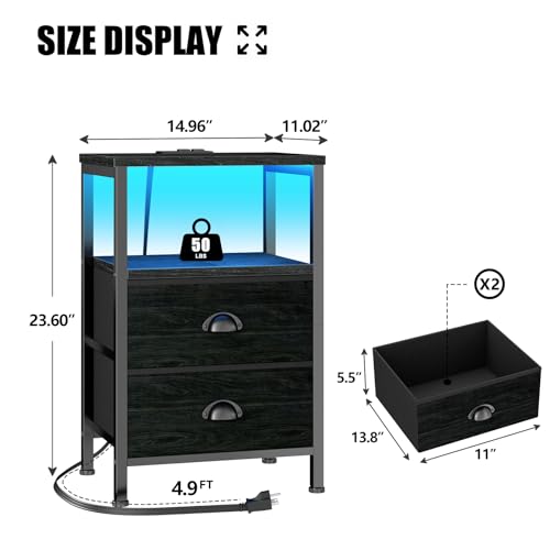2-Piece Nightstand Set with Charging Station, LED Lights, and Fabric Drawers