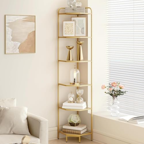 6-Tier Corner Shelf with Tempered Glass and Gold Steel Frame