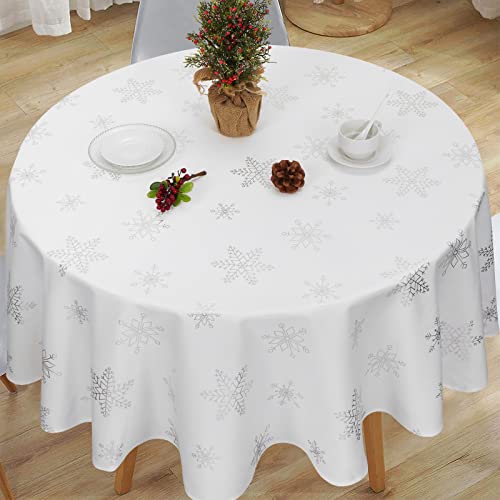 BLEUM CADE Silver Snowflake Christmas Tablecloth 55-inch Round Waterproof Holiday Decor