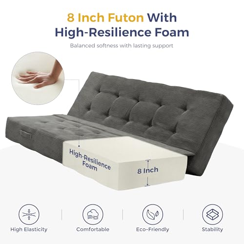 8-Inch Foldable Tufted Floor Mattress and Sofa Bed, Dark Grey