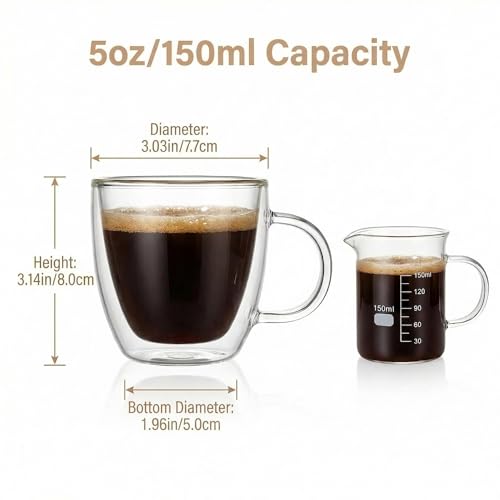 Double Wall Borosilicate Glass Coffee Mugs Set of 2 5oz Insulated Drinkware
