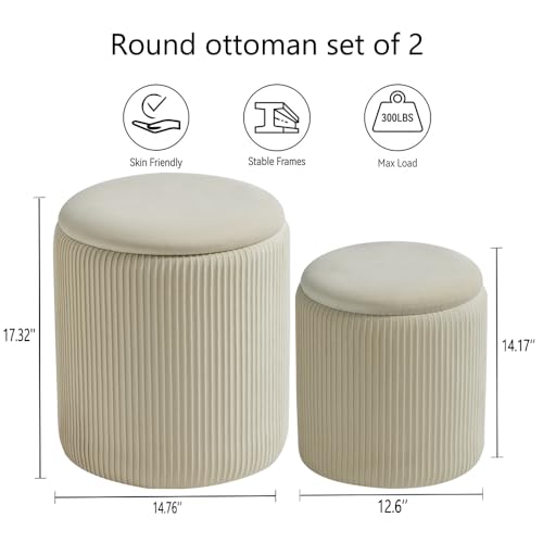 Set of 2 Round Velvet Storage Ottomans with Removable Tray Lid