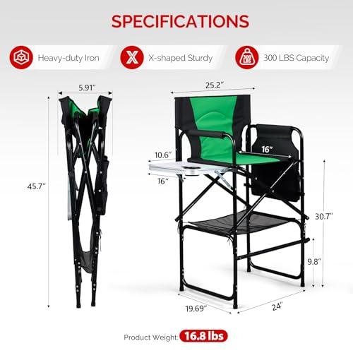 31-Inch Tall Folding Director Chair with Side Table & Storage, Green