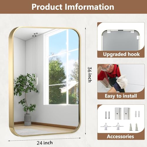 24x36 Inch Brushed Gold Bathroom Mirror, Rectangular Wall Mounted Vanity Mirror