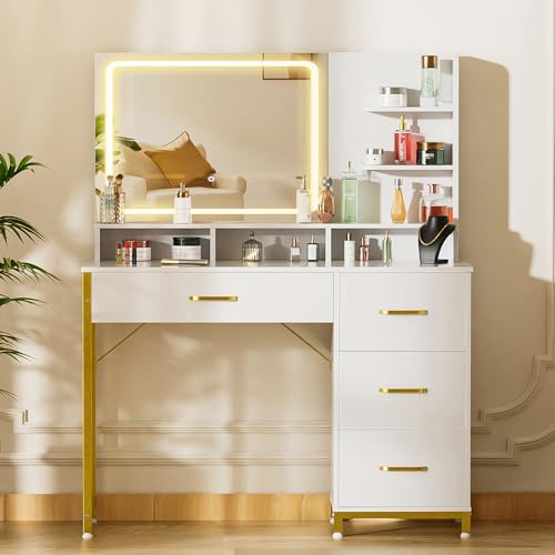 Modern Makeup Vanity Desk with Lighted Mirror, 4 Drawers & Storage Shelves