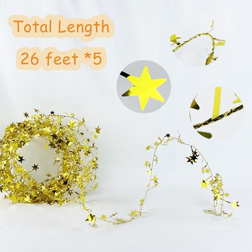 5 Pack 26ft Gold Star Tinsel Garlands with Wire for Christmas & Home Decor